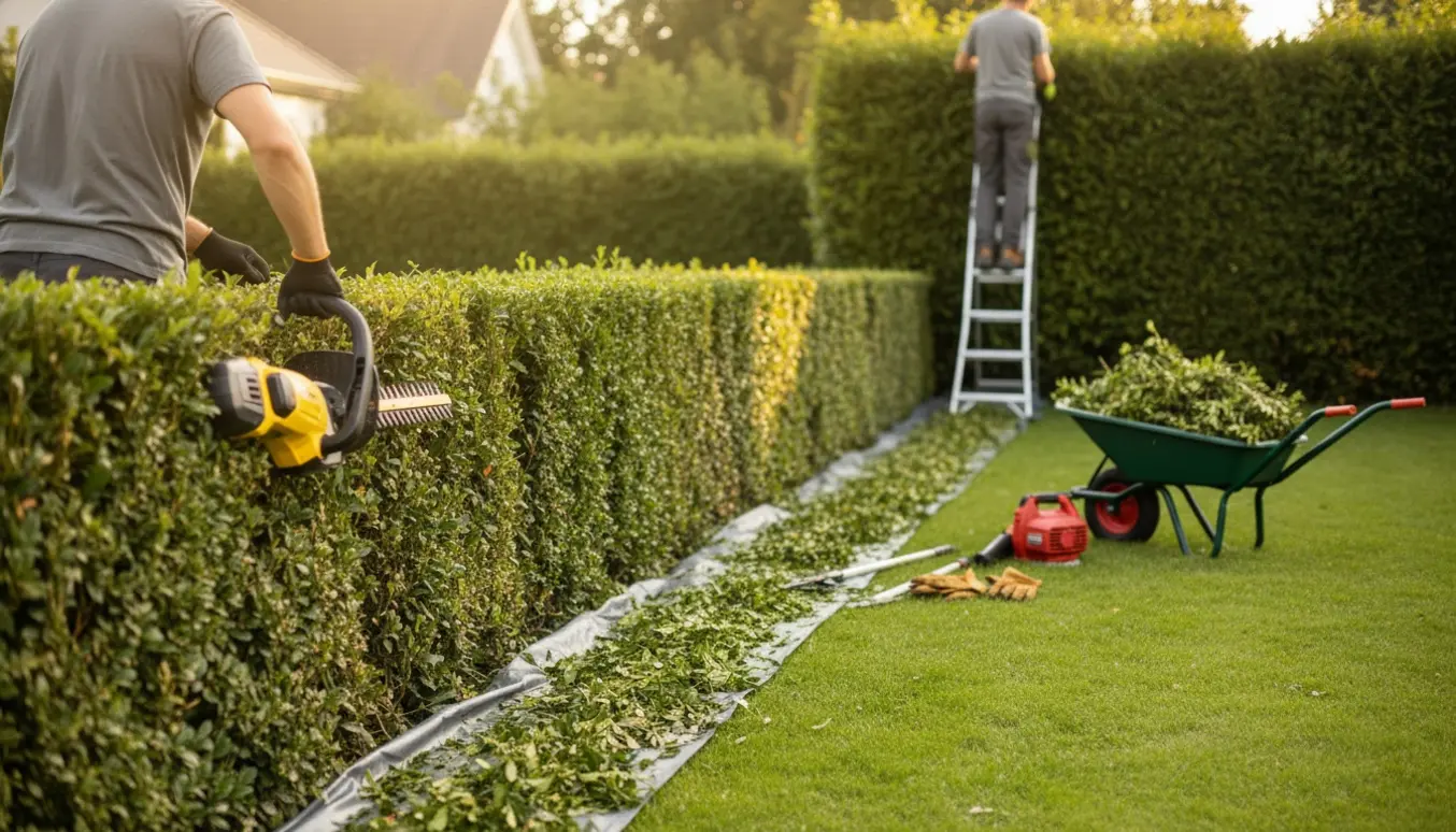 Person trimmer en cirka 25 m ligusterhæk med elektrisk hækkeklipper, mens en anden beskærer toppen af en stedsegrøn hæk fra en stige.
