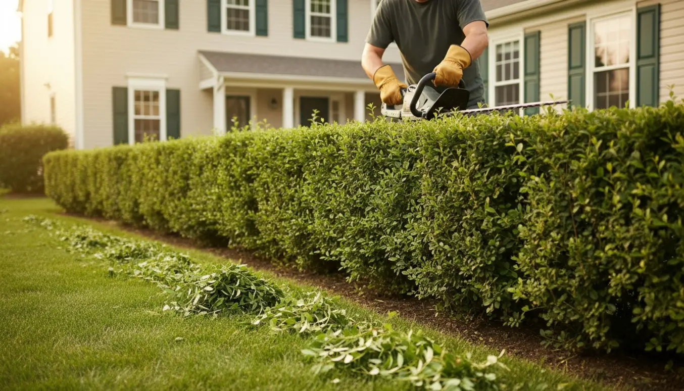 Person klipper en spira-hæk på cirka 180 cm i en forhave uden brug af stige.