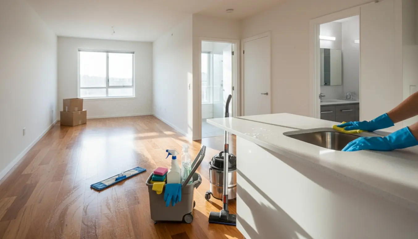 Rengøringsudstyr og handsker i et lyst, tomt køkken-alrum under slutrengøring.