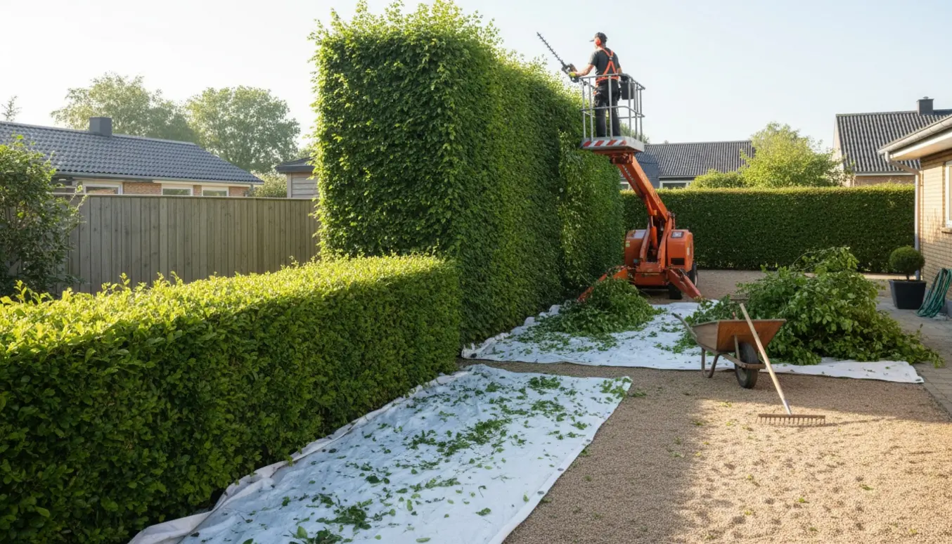 En person i lift trimmer en høj bøgehæk, mens en nyslået lav bøgehæk og bunker af klip ligger i forgrunden.