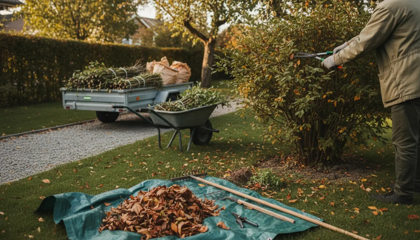 En person set bagfra læsser beskårne grene og blade i en lille trailer i en solrig baghave.