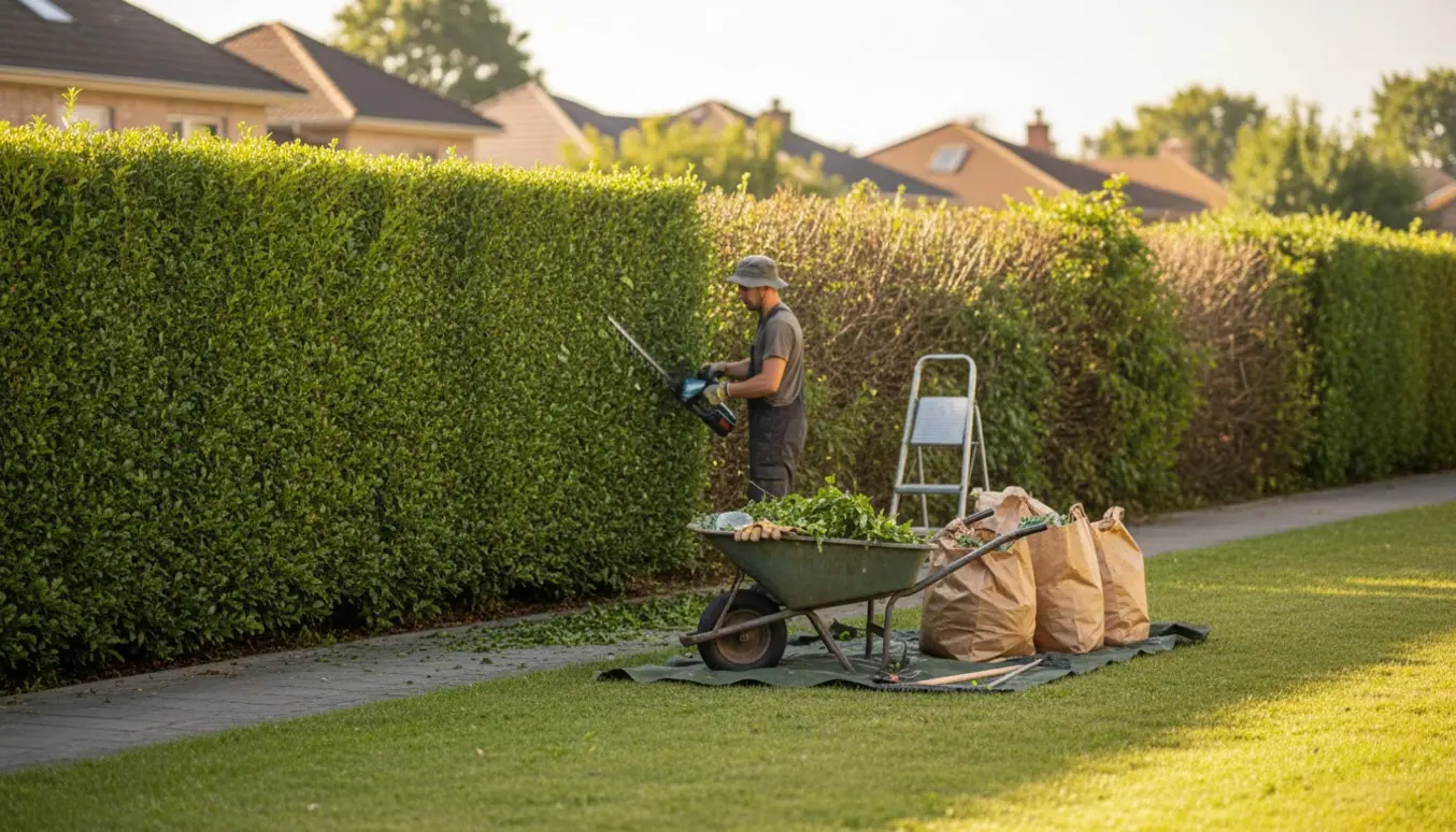 Lang forhavehæk under klipning med hækkeklipper, trillebør og fyldte haveaffaldssække klar til bortskaffelse.