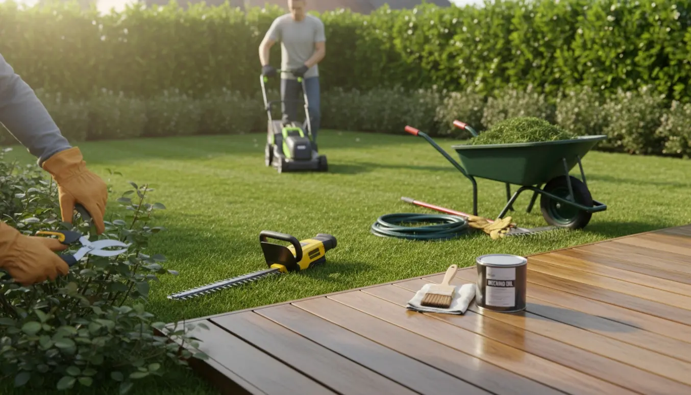 Havearbejde med græsslåning, beskæring af hæk og oliering af terrasse i en forstadshave.