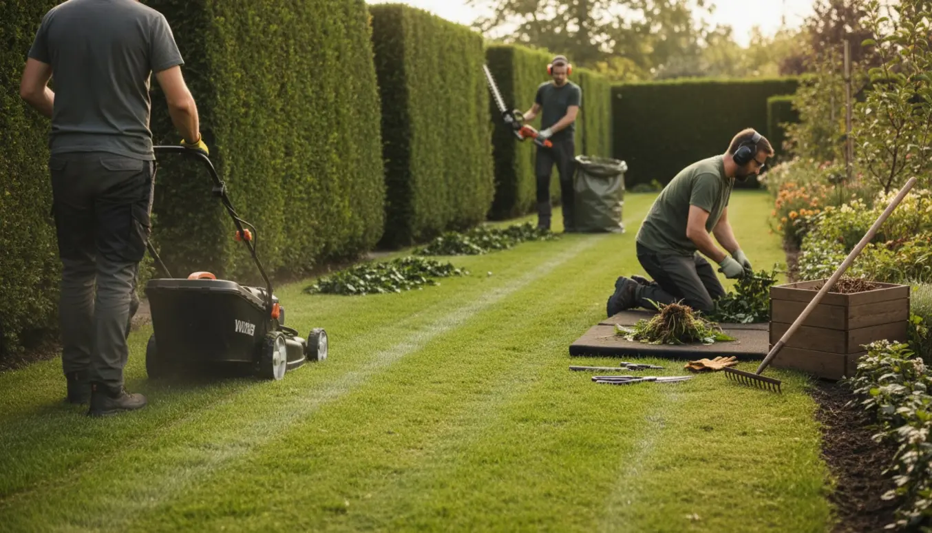 Havearbejder slår græs, klipper en lang hæk og læsser hækkeaffald i en trillebør.
