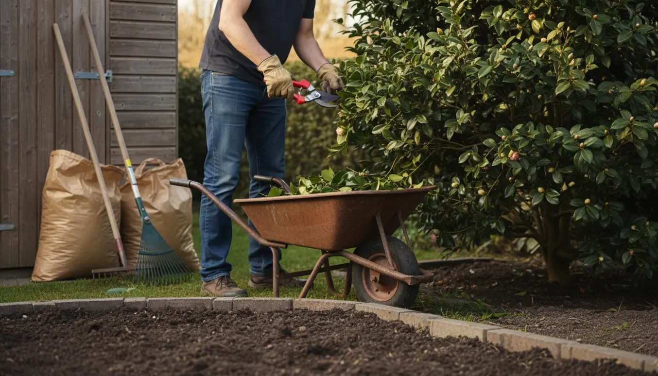 Hænder i handsker klipper en busk og lægger haveaffald i en trillebør foran et nyoprydnet bed med synlig jord.