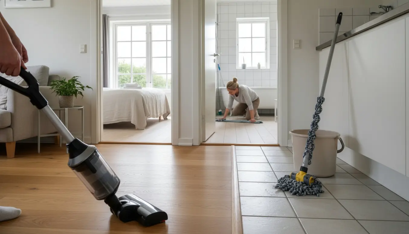 Solbelyst sommerhus med personer, der støvsuger og vasker gulve i stue, køkken, soveværelse og badeværelse uden tydelige ansigter.