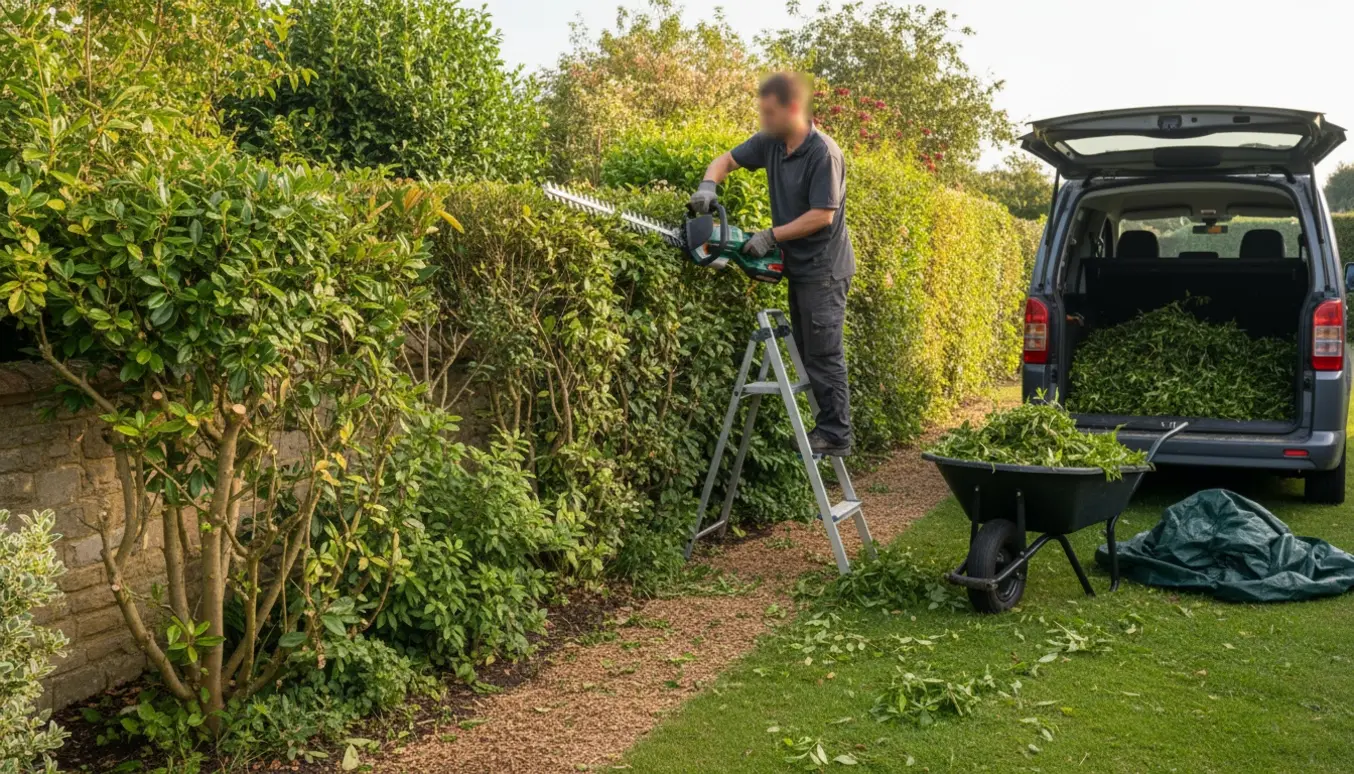 Lang blandingshæk klippes med en trimmer, trillebør fyldt med hækklip klar til bortkørsel.