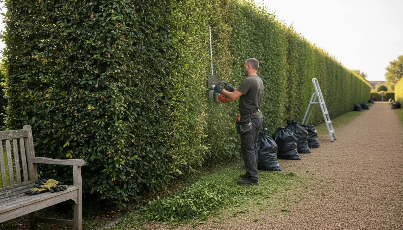 En person trimmer en 2–2,5 m høj ligusterhæk langs en havegang med hækkeklipper og affaldssække.