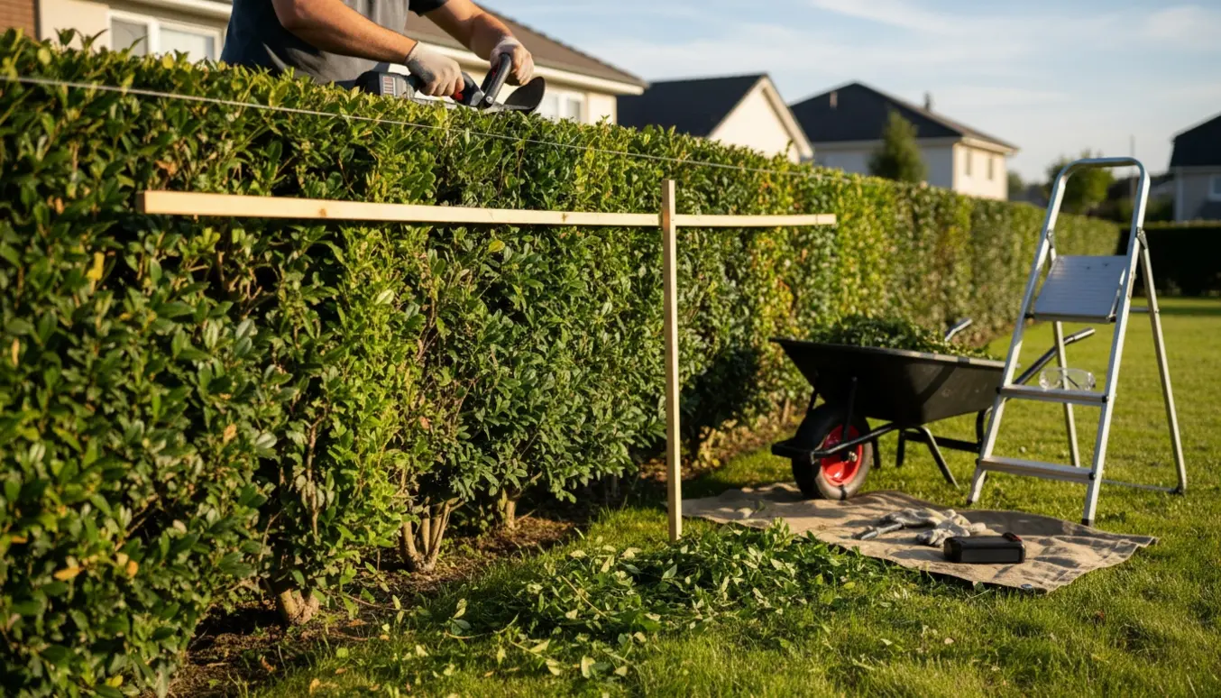 Hækkeklipper og måleguide ved en nyklippet hæk klippet til 170 cm.