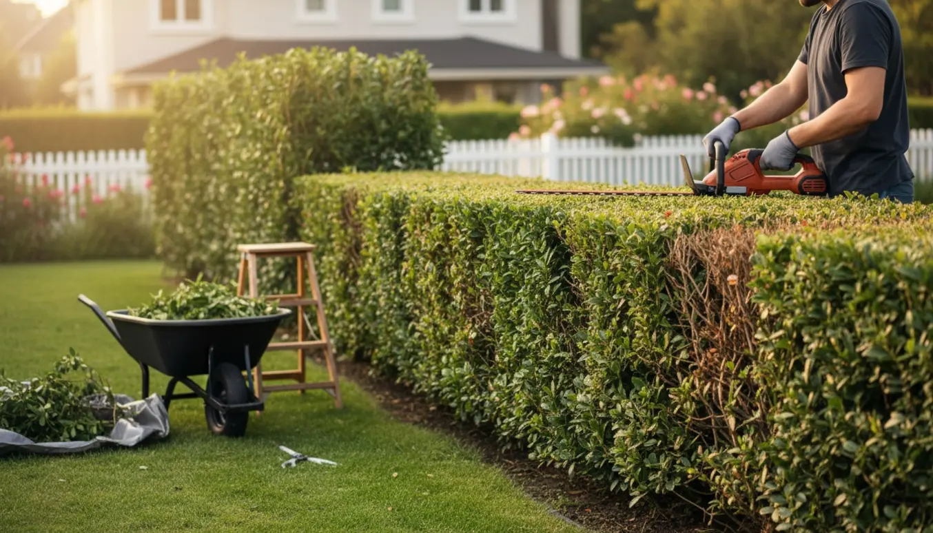 En havearbejder trimmer en ca. 15 m hæk med en trillebør til afklip på en solrig morgen.