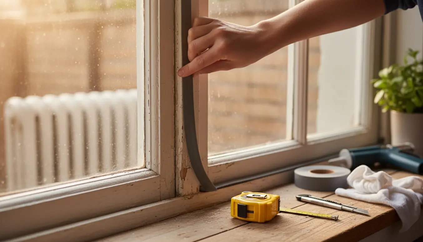 Nærbillede af hænder, der monterer nye isoleringslister i et trævindue i et byhus.