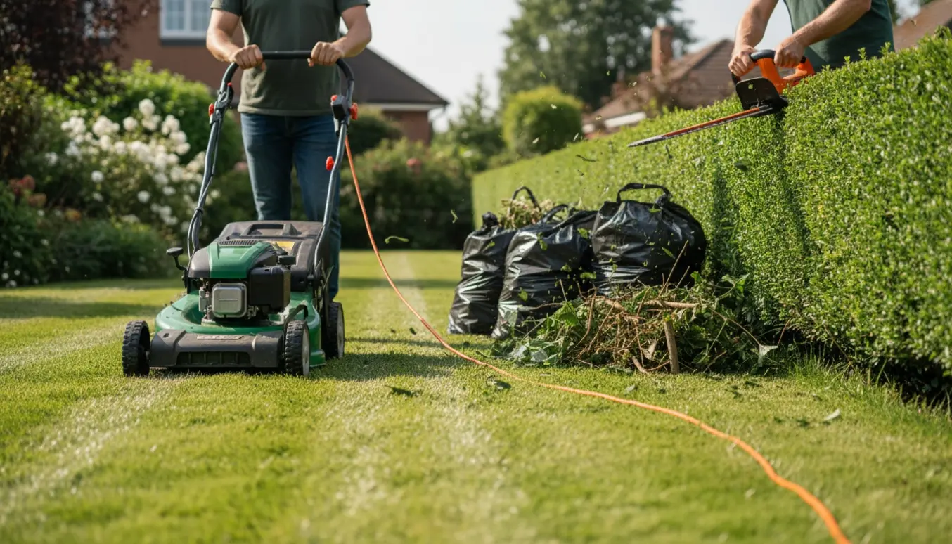 Havearbejde med græsslåmaskine, hækkeklipper og affaldssække foran nyklippede hække.