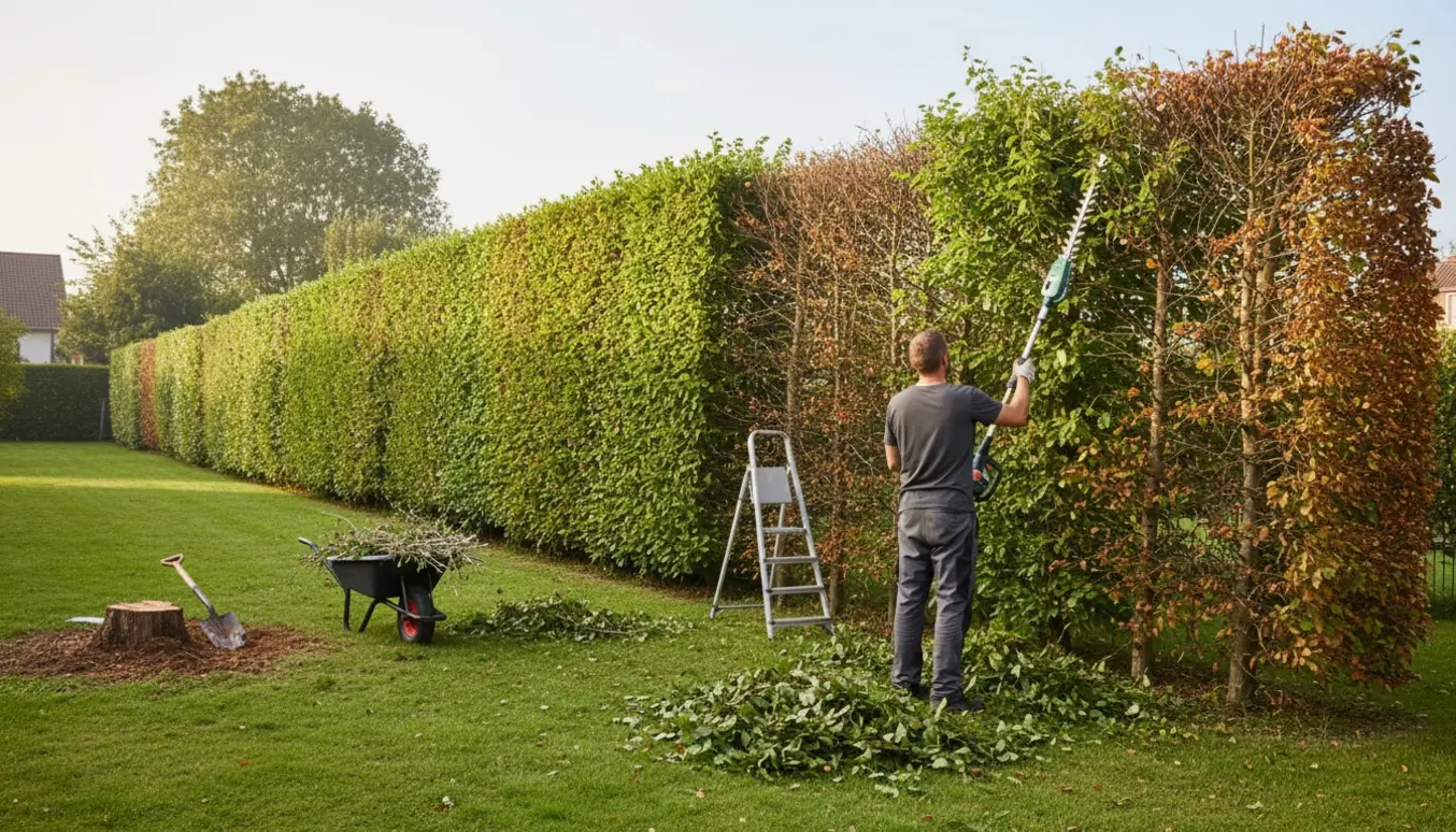 Cirka 50 m bøgehæk klippes fra havesiden med hækklipper, afklip ligger på græsset og et opgravet træstub ses i baggrunden.
