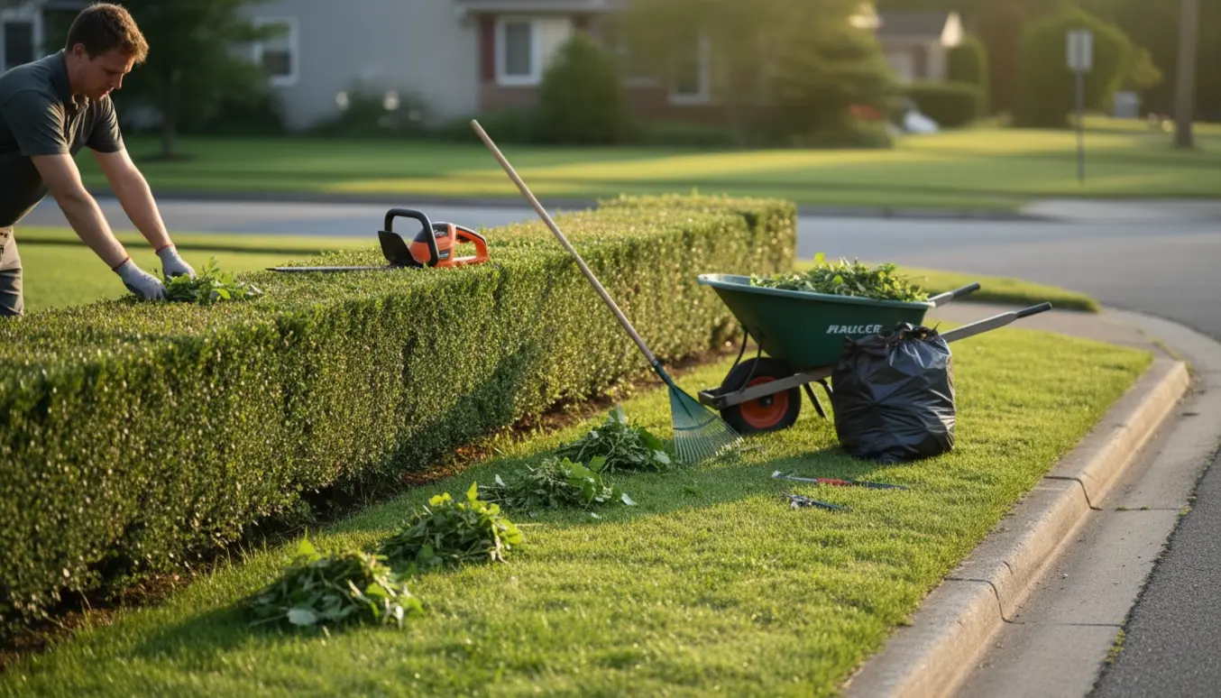 Forhave med nyklippet hæk, fjernet ukrudt ved fortovet og haveredskaber i forgrunden.