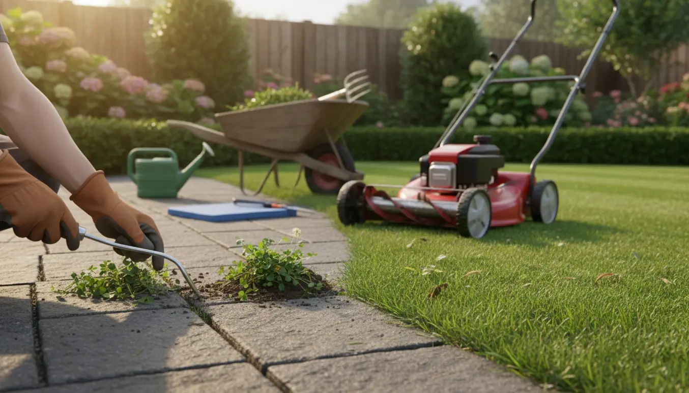 Nærbillede af handsker, der fjerner ukrudt mellem fliser og en nyslået græsplæne med haveredskaber i baggrunden.