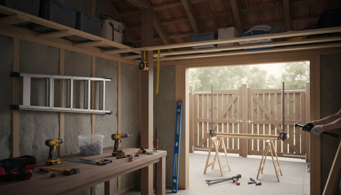 Indvendigt skur med isolerede vægge, åbent loft med frie lægter til opbevaring og en delvis bygget havelåge ved åbningen.