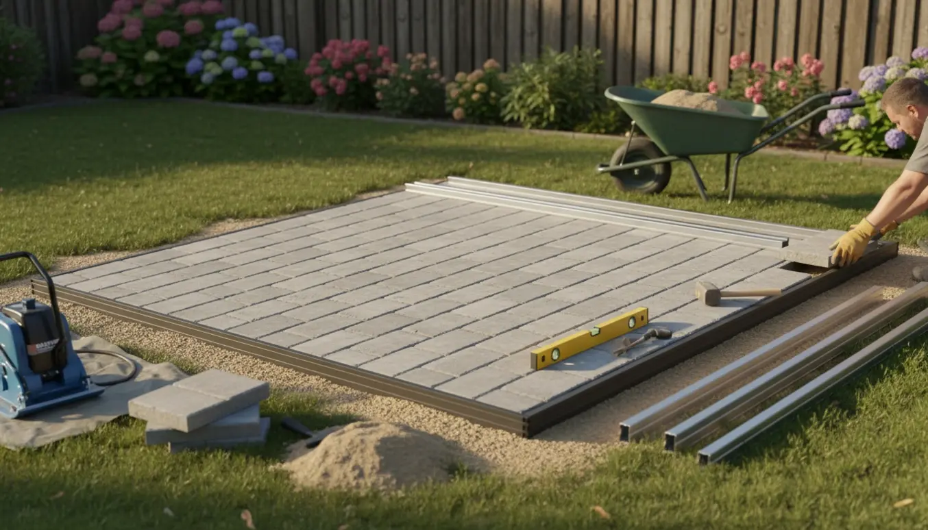 Nyanlagt, rektangulært fliset underlag klar til et drivhus i en baghave.