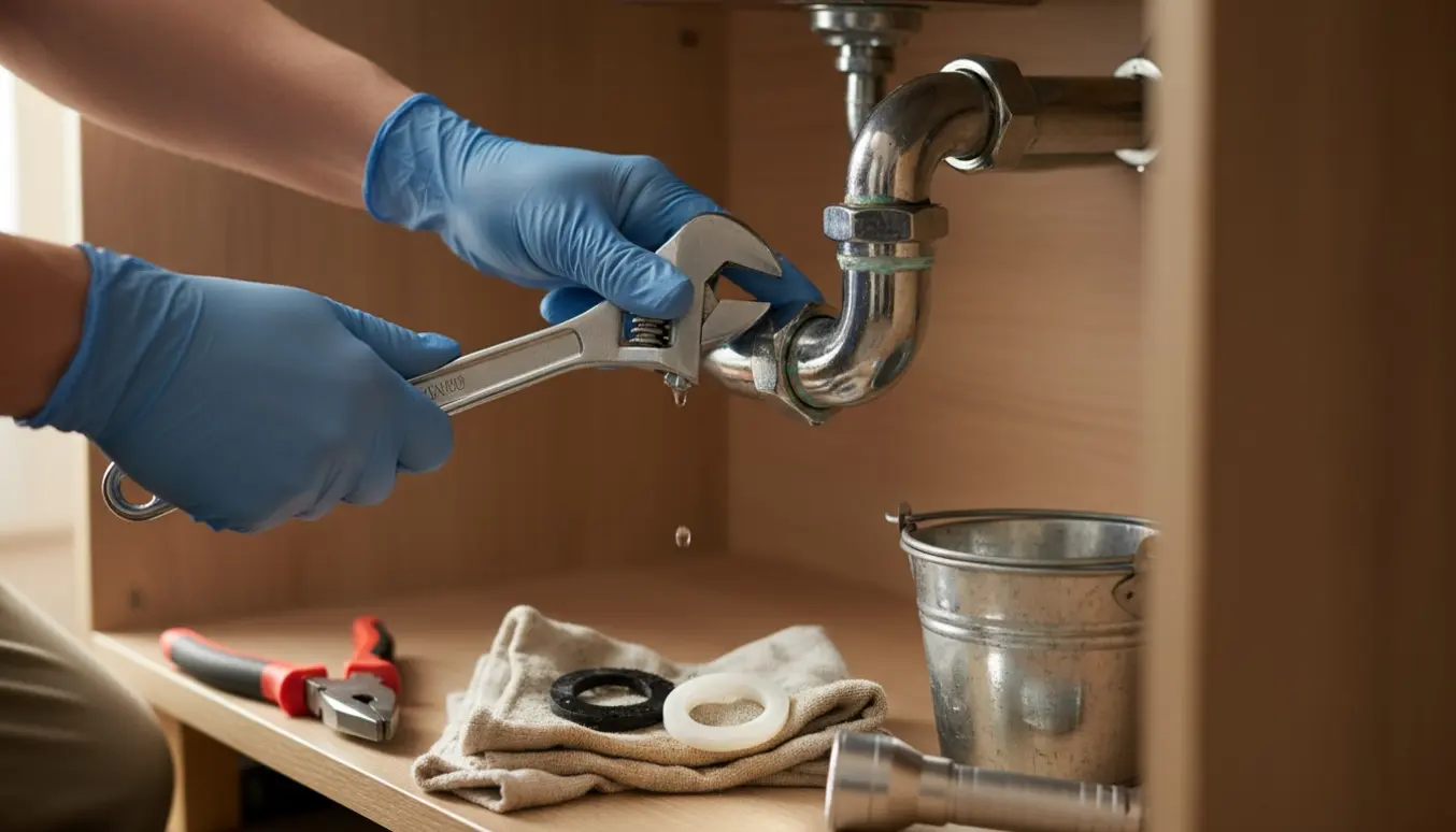 Nærbillede af udskiftning af utæt vandlås under køkkenvask med værktøj og spand til opsamling af vand.