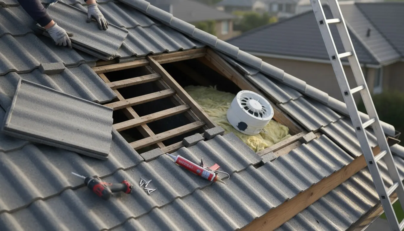 Tagreparation på et eternittag med manglende skumklodser, en knækket plade klar til udskiftning og en faldet ventilationsenhed i loftet.