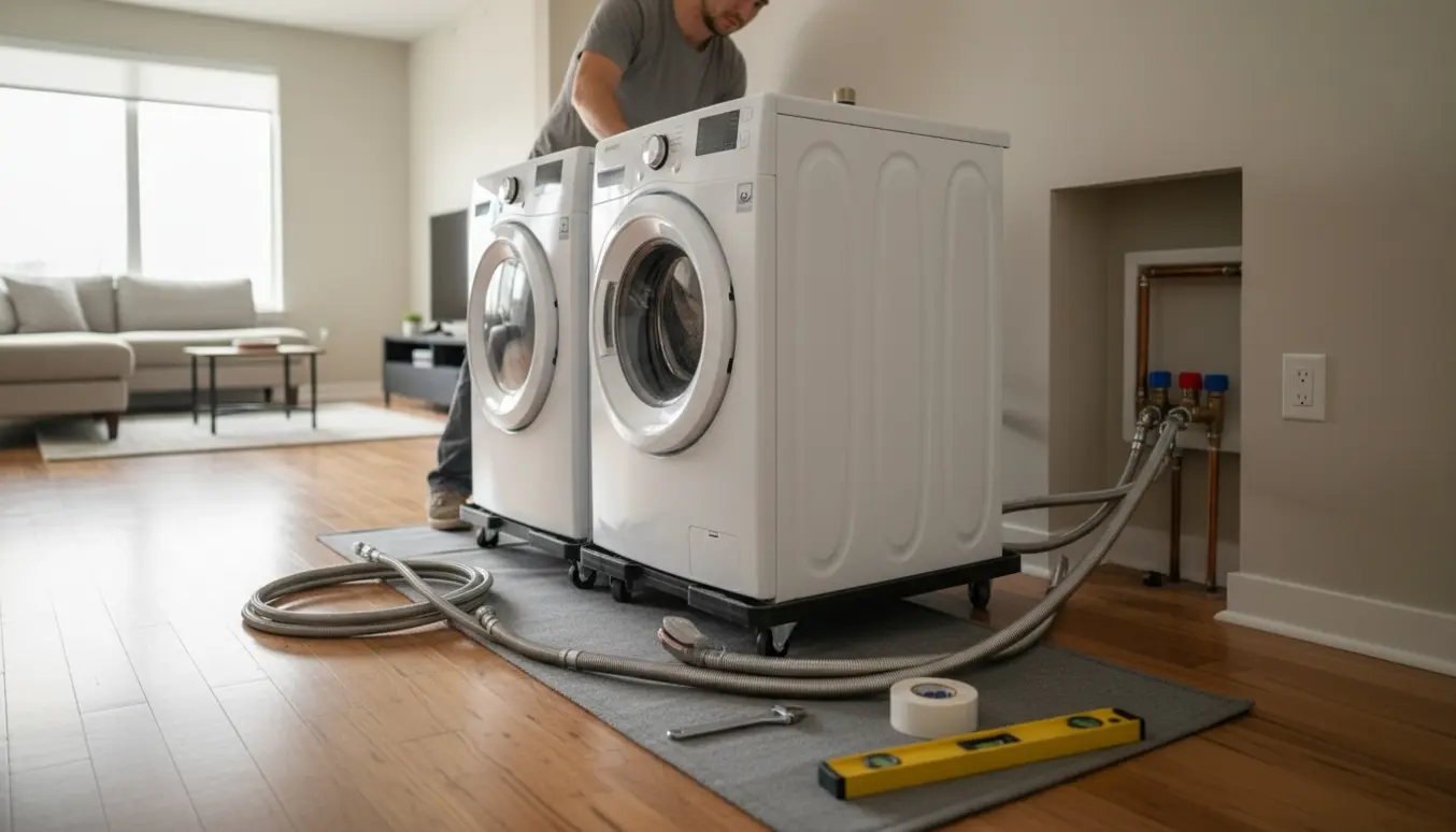 Vaskemaskine og tørretumbler flyttes og monteres i en lejlighed med synlige vandrør og værktøj.