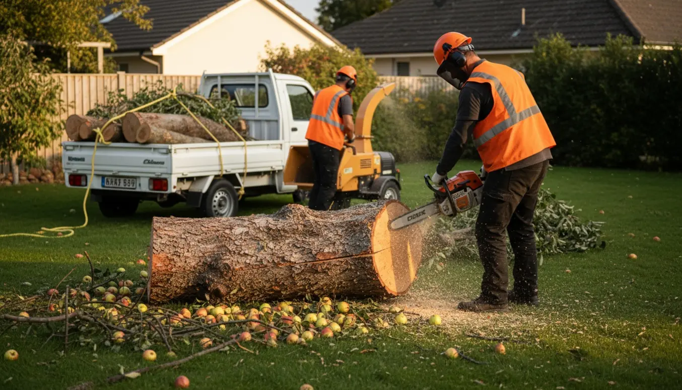 Faldet æbletræ på ca. 6–7 m skæres op og læsses i trailer med motorsav og flishugger i en have.