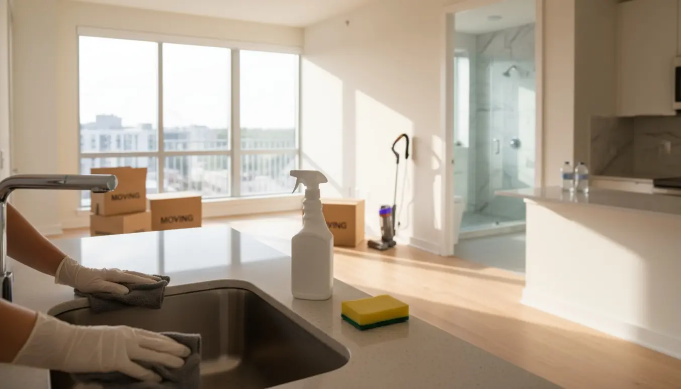 Handskerens hænder pudser en køkkensink i en tom fraflytningslejlighed med flyttekasser og et skinnende badeværelse i baggrunden.