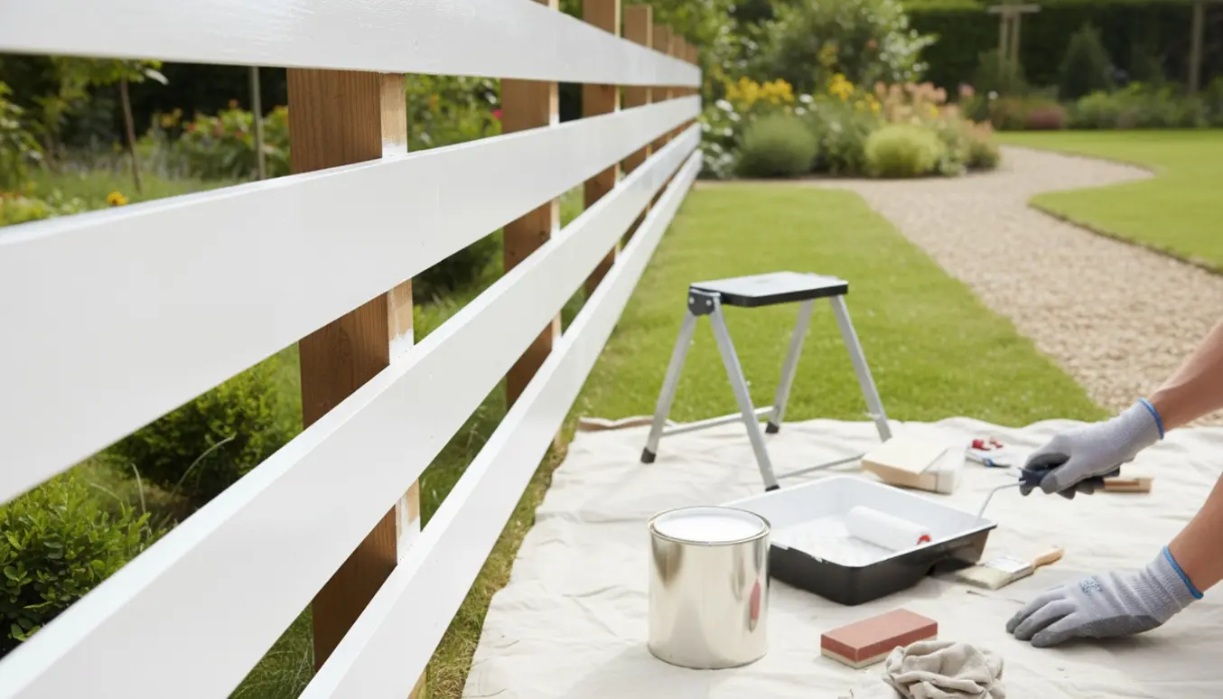 En person maler et langt hvidt træhegn i haven med pensel og rulle.