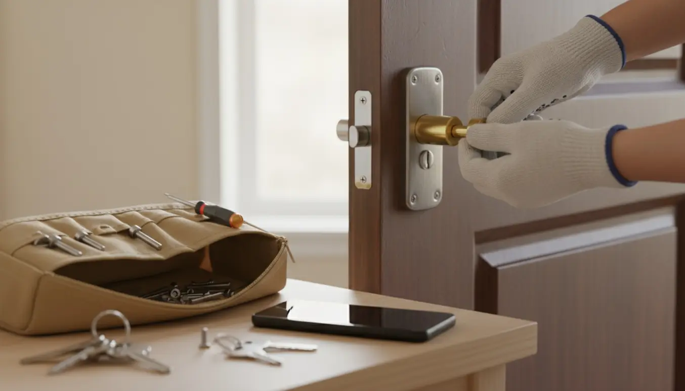 Nærbillede af handskerede hænder, der udskifter en cylinderlås i en lejlighedsdør med låseværktøj ved siden af.