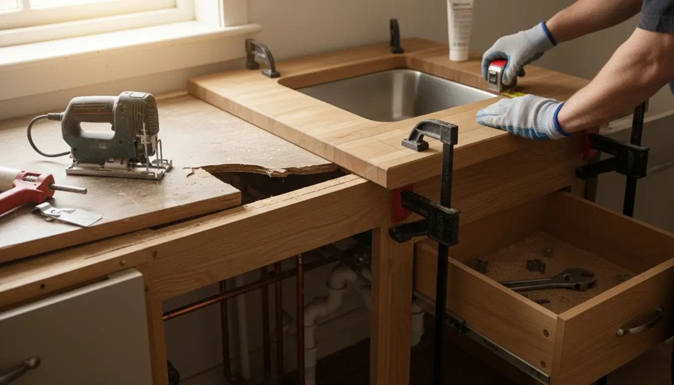 Hænder måler og tilpasser en ny køkkenbordplade med vask og værktøj i et lille køkken.