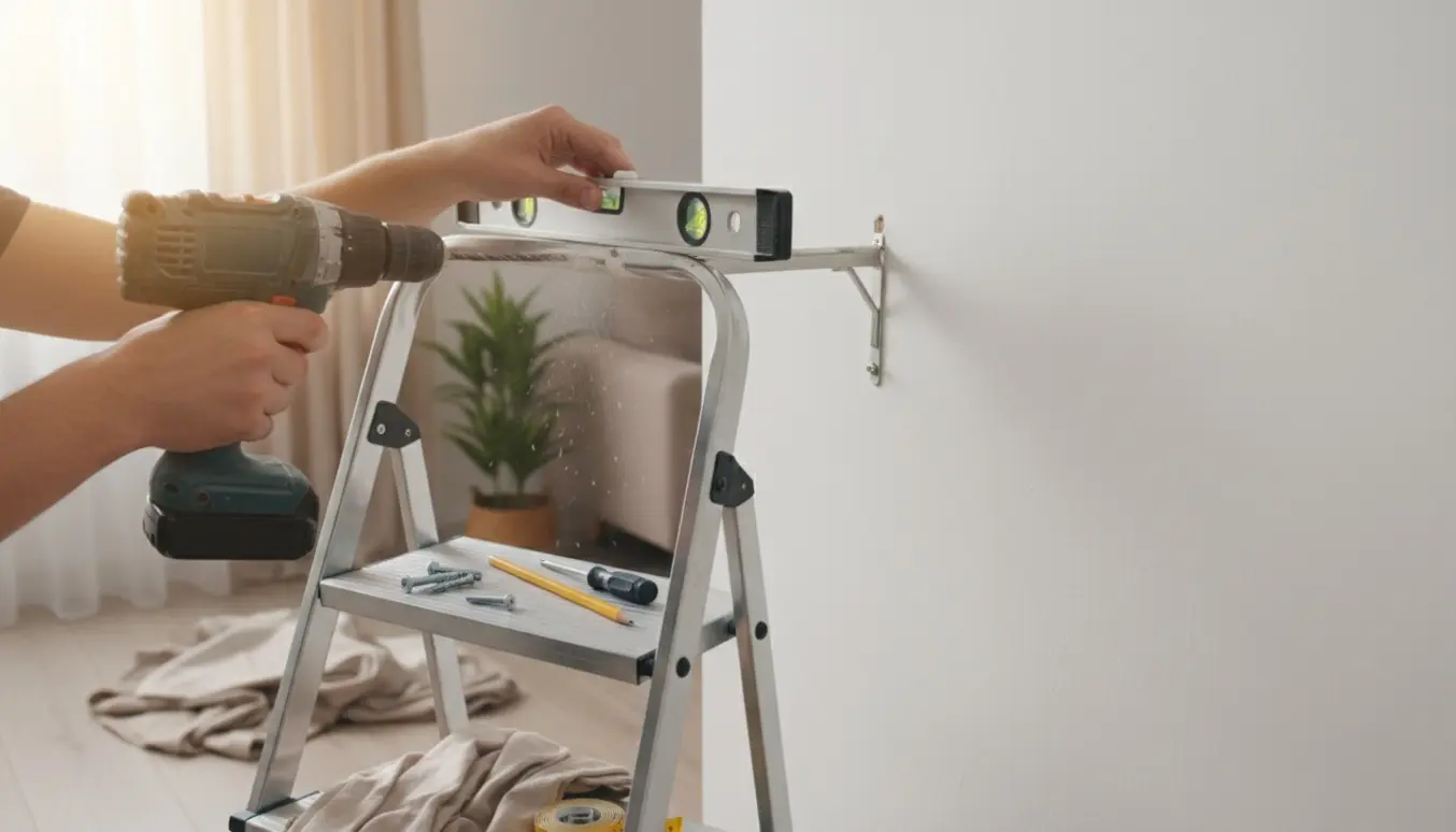 Hænder monterer en gardinstang med rawlplug og skruer ved et vindue.