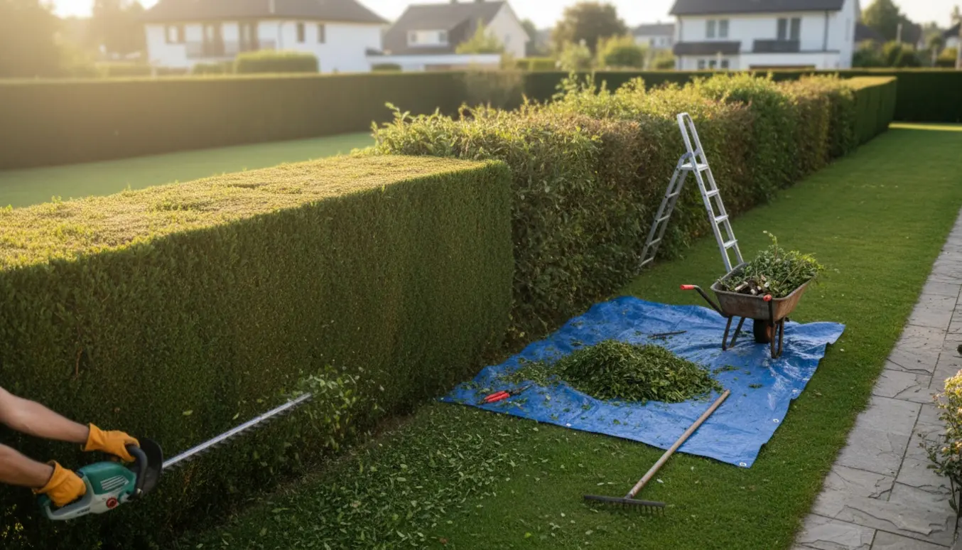 Lang villahæk halvt klippet med hækklipper, bunker af afklip på presenning og redskaber i haven.
