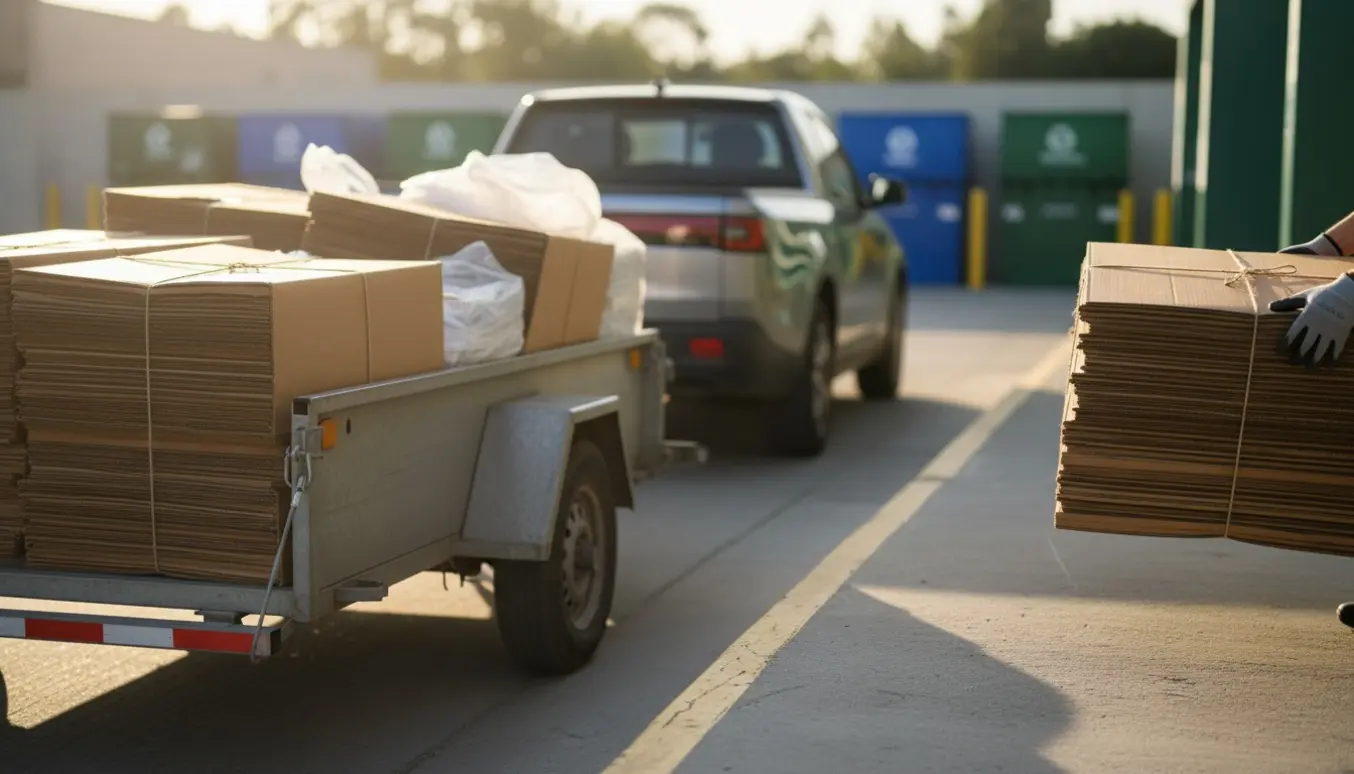 En trailer fyldt med pap og plast aflæsses ved en genbrugsplads.