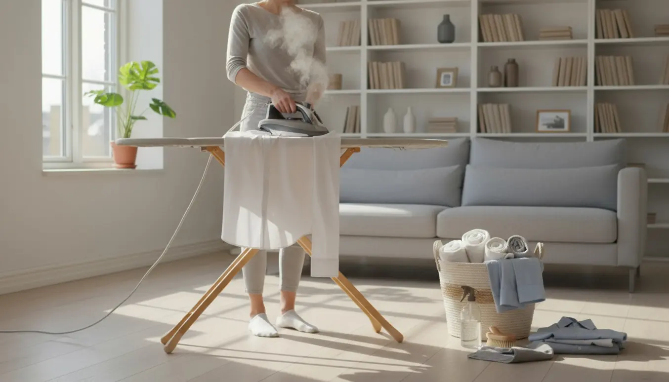 Hænder stryger en skjorte på et strygebræt med nyvasket tøj og en rydelig stue i blødt dagslys.