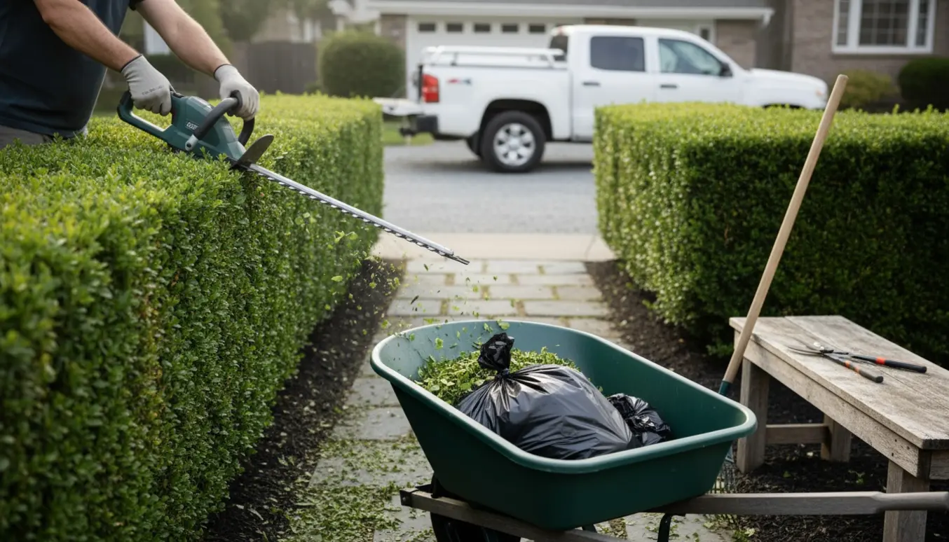 To hække klippes i en forhave, mens afklip samles i trillebør og sække.