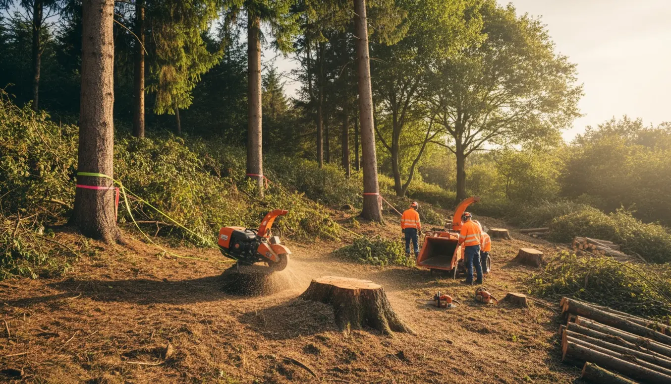 Professionelt træfældnings- og rodfræsningsarbejde på en kuperet grund med maskine, træstubbe og flis.