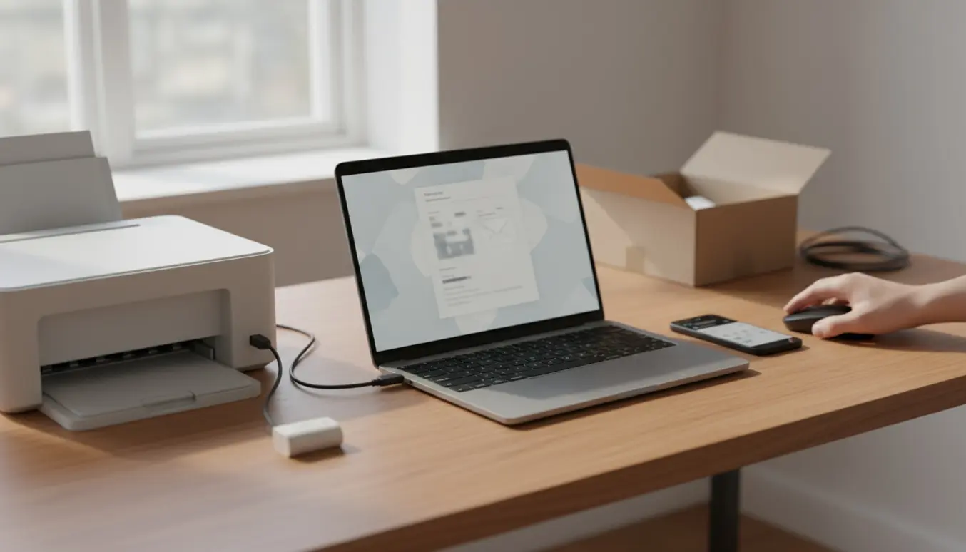 Skrivebord med ny pc, printer, mus, e-mail på skærmen og MitID-nøgle ved siden af telefonen.