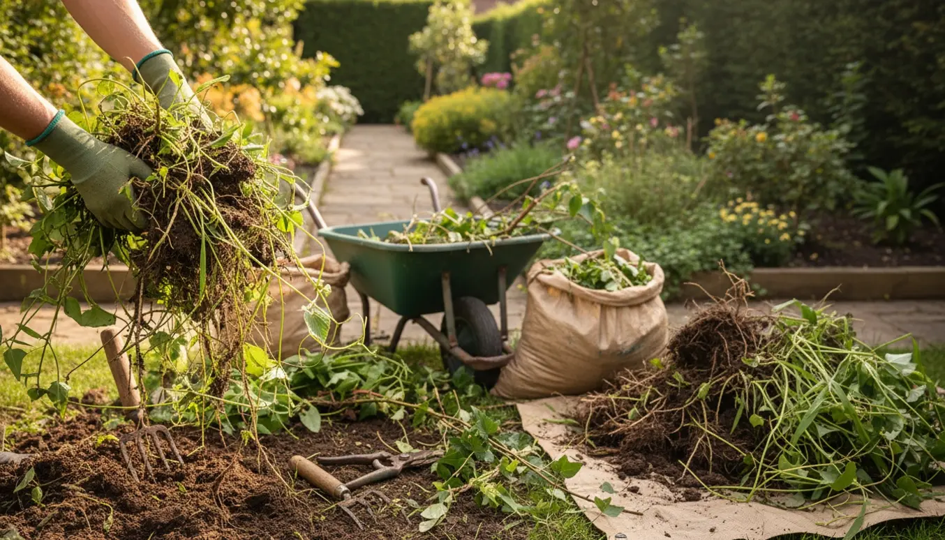 Nærbillede af hænder, der trækker ukrudtsrødder op og klipper efeu og brombær med værktøj og en trillebør fyldt med haveaffald.