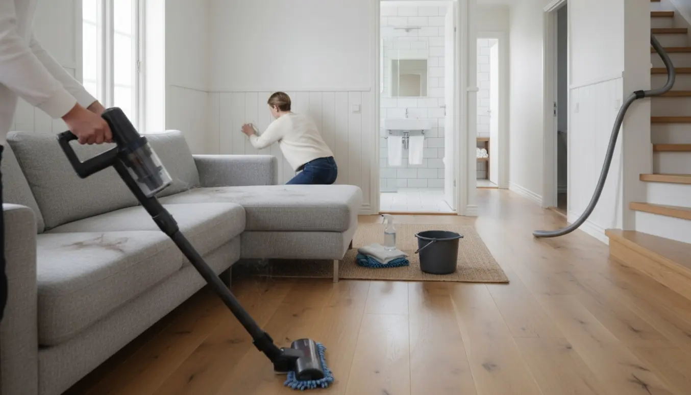 Stue med støvsuget sofa, moppe på trægulv, person tørrer paneler og trappe med et lyst badeværelse i baggrunden.