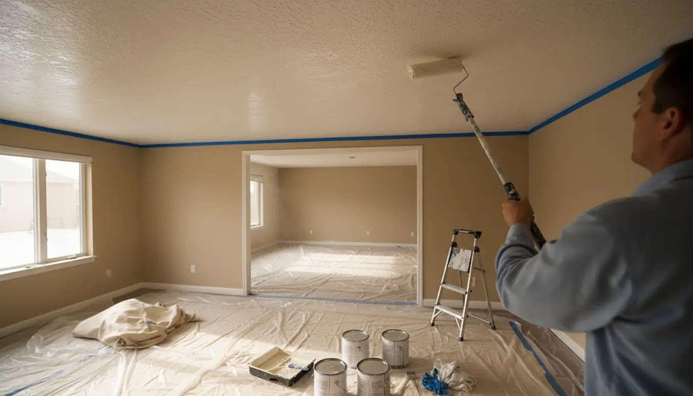Maler maler et loft med rulle på forlængerstang i et rum med afdækket gulv og åbne malerbøtter.