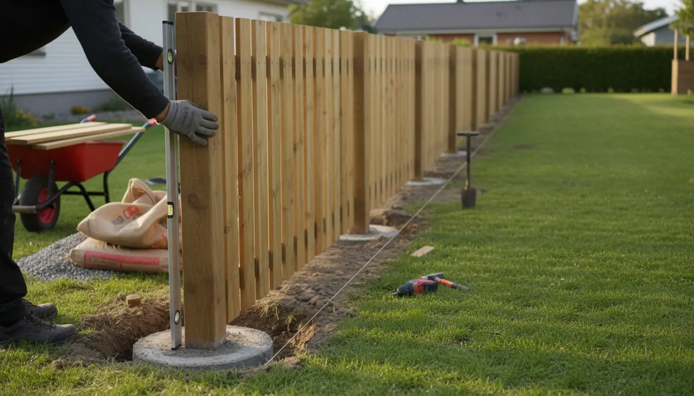 Langt raftehegn opsættes i en baghave med træstolper, værktøj og arbejdshænder uden synligt ansigt.