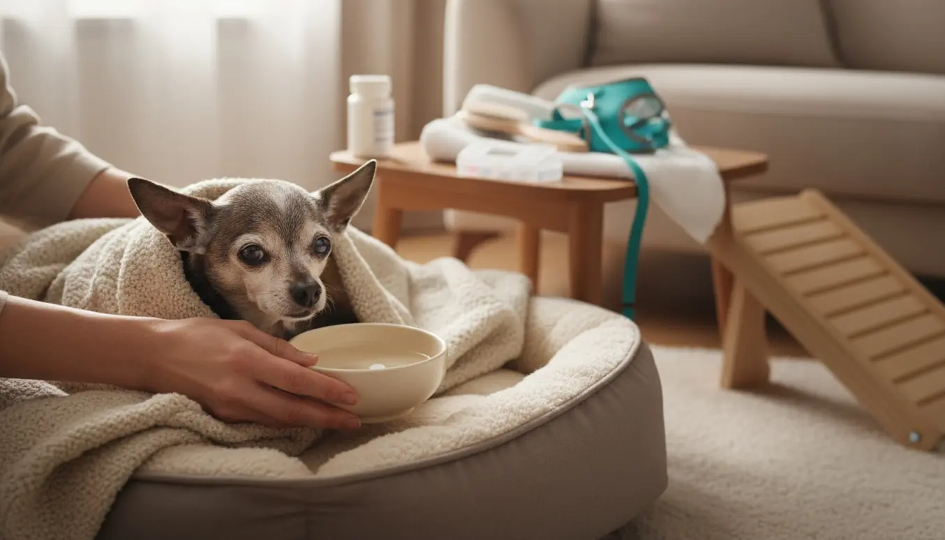 En ældre chihuahua i en blød seng, passet af en hånd der tilbyder vand og medicin.