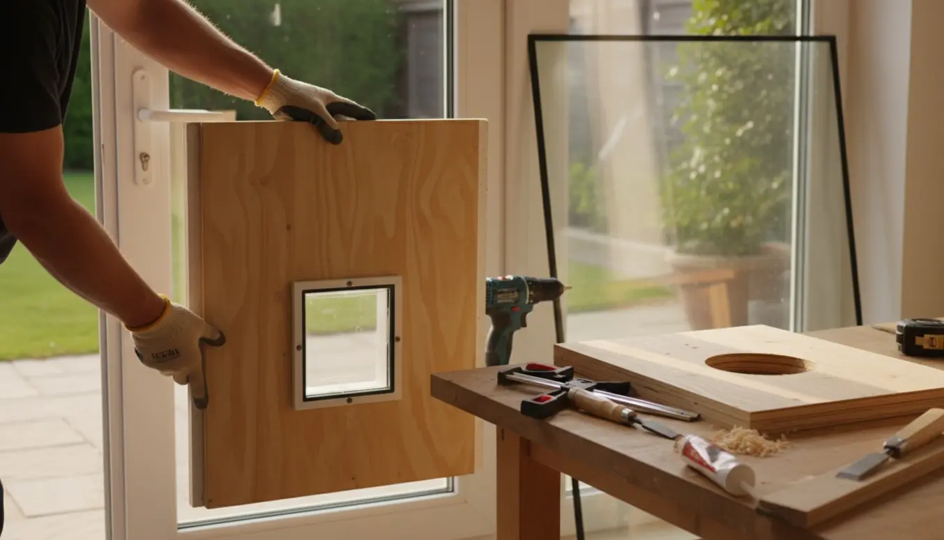 Hænder monterer isoleret træplade med indbygget kattelem i nederste del af en terrassedør.