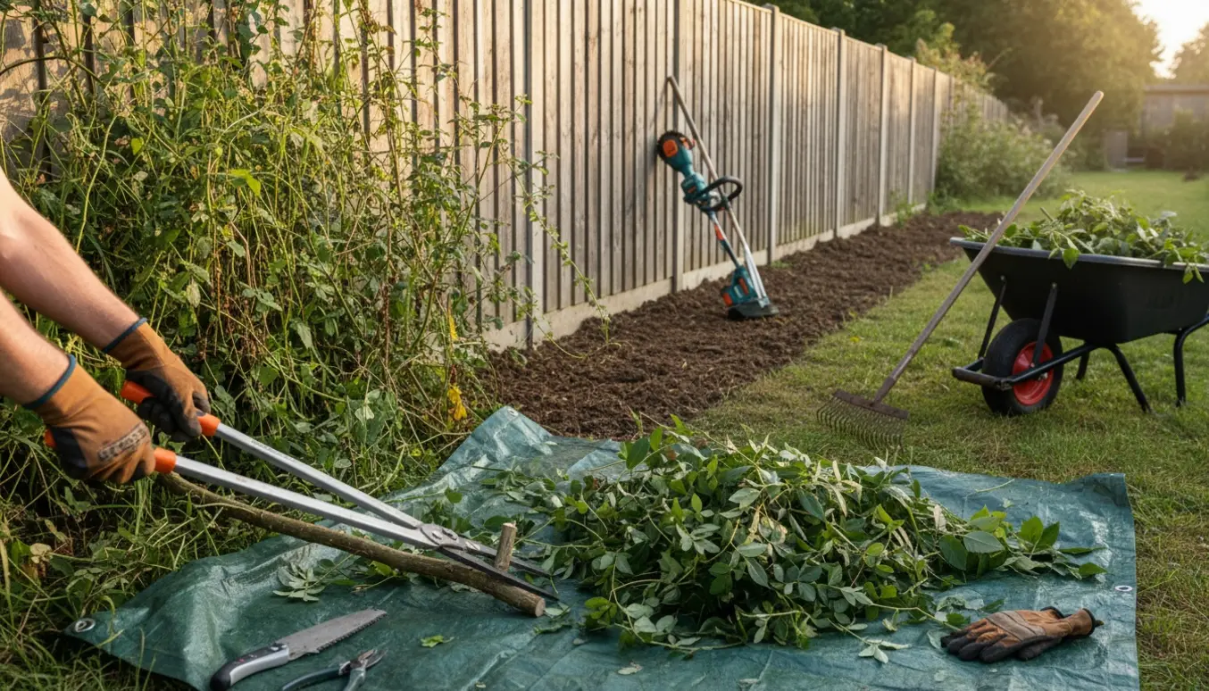 Handsker og beskæringsværktøj ved et langt havehegn med fjernet ukrudt og en bunke afskårne grene.