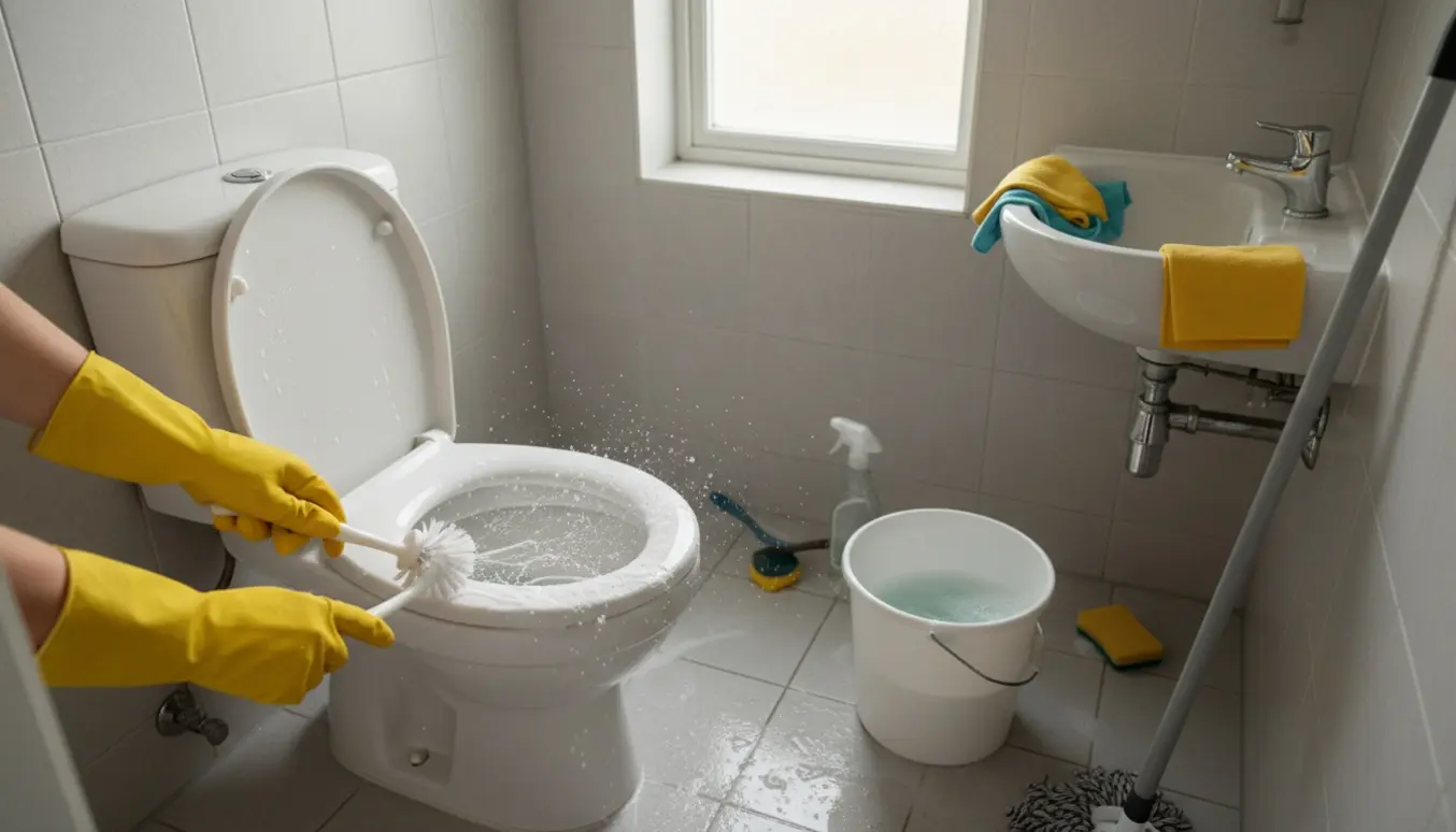 Hænder i gummihandsker skrubber et kompakt toilet og klinkler i et lille badeværelse under hovedrengøring.