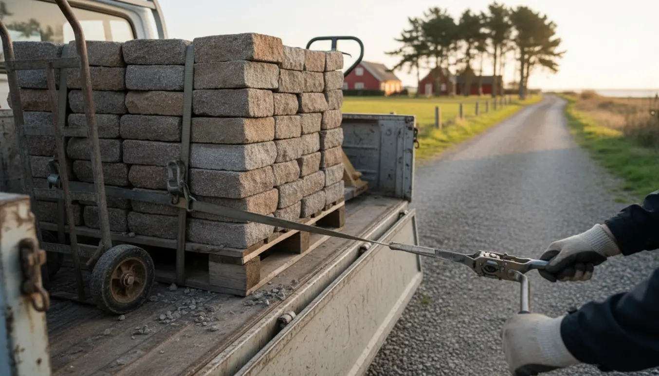 Åben pickup lastet med stabler af brosten på paller, handsker og stropper i fokus på en landevej i Nordsjælland.