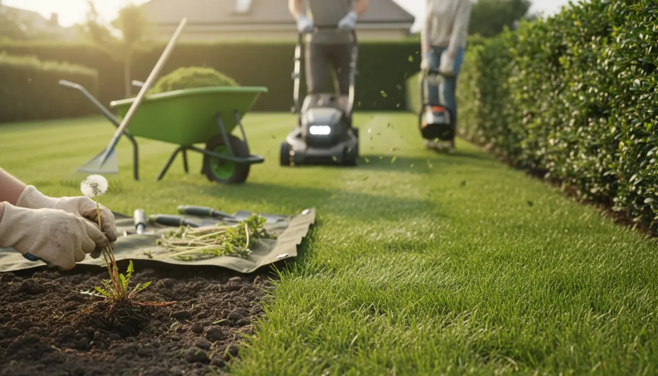 Plænepleje med nyslået græs, hækkeklipning og hænder, der fjerner ukrudt.