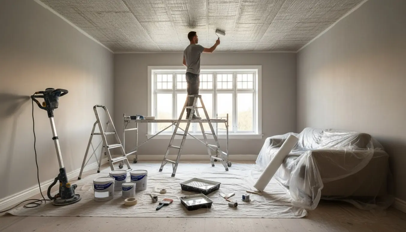 Stue under malerarbejde med glasfilt på loftet, malerbøtter, rulle og beskyttede møbler.