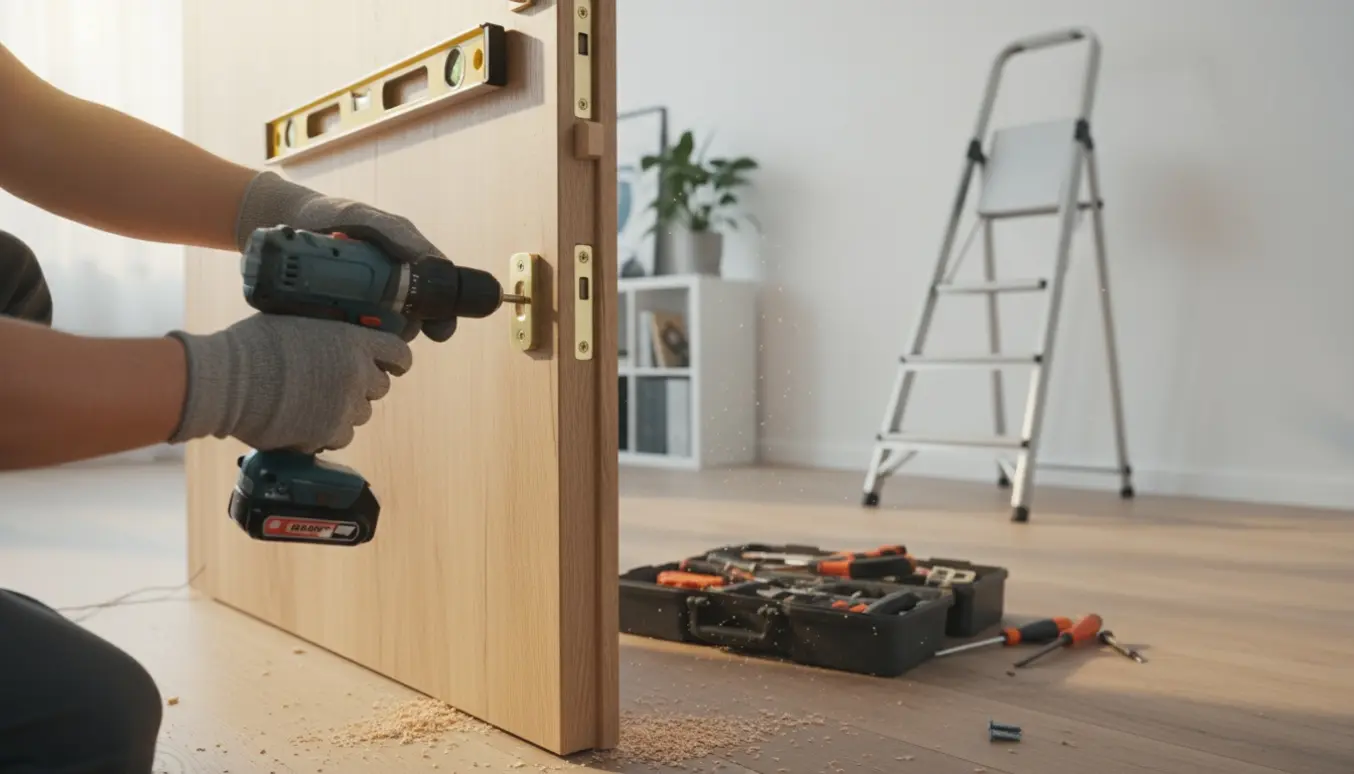 Håndværker monterer en trædør i et værelse med boremaskine og værktøj.