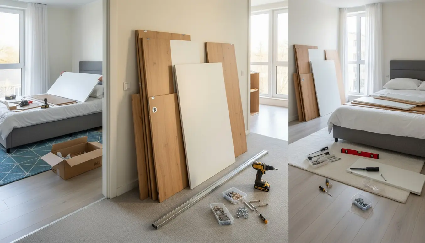 Fladpakkede garderobeskabe, døre og værktøj lagt ud i entré og værelser klar til montering.