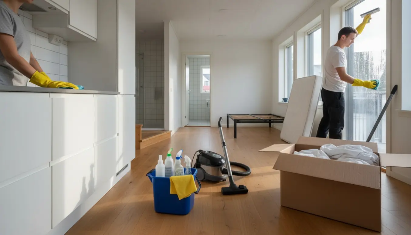 Rækkehusinteriør under flytterengøring med rengøringsudstyr, flyttekasse og personer uden synlige ansigter.
